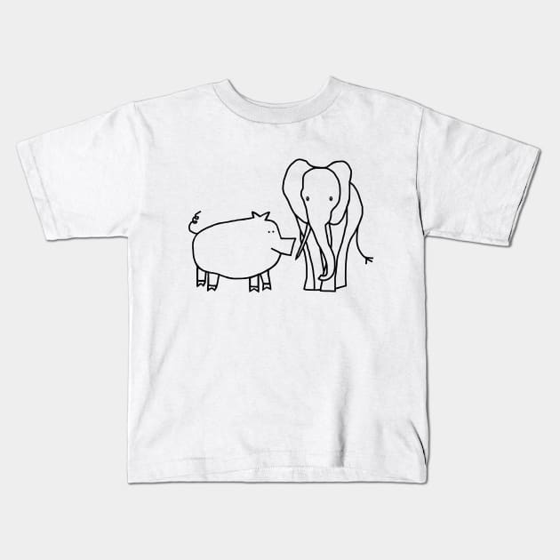 Pig and Elephant Line Drawing Kids T-Shirt by ellenhenryart